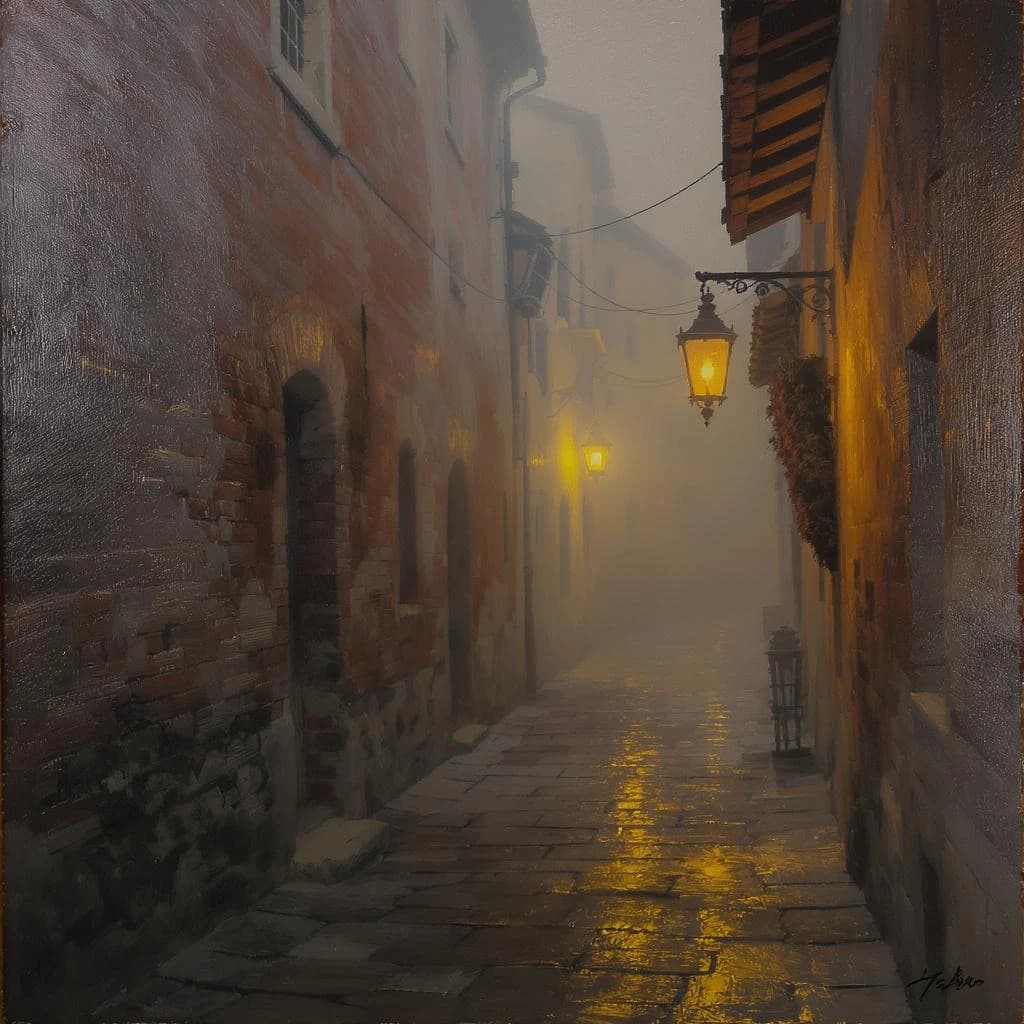 Please create an oil painting of a narrow alley, a bit foggy, glowing lanterns.