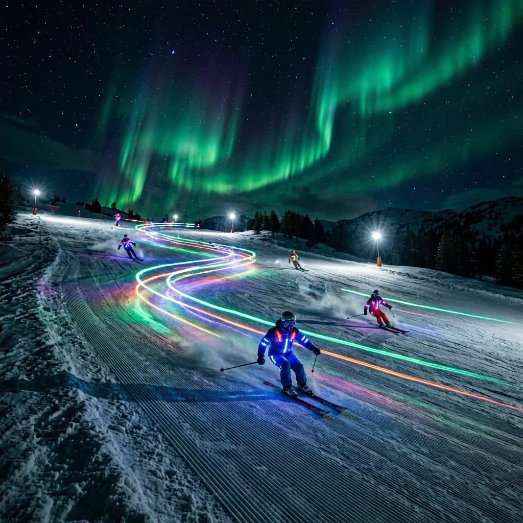 Coronet Peak Night Skiing: Skiers in colorful LED suits carve their way down the slopes of New Zealand's Coronet Peak under the Aurora Borealis, the skiers' light trails visible behind them