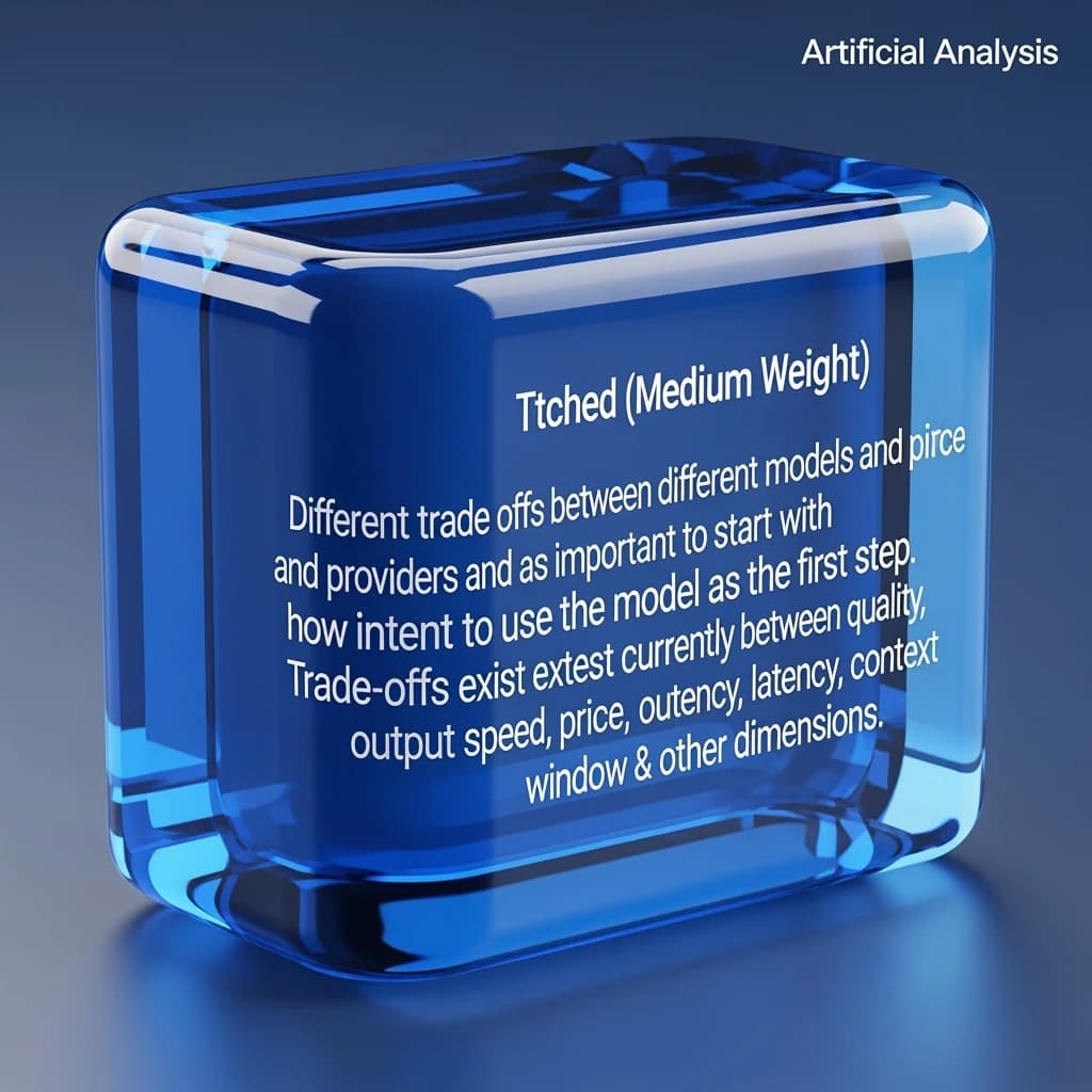 In a clear transparent blue glassy rounded box, etch "Different trade offs exist between different models and providers and as such, it is important to start with how you intend to use the model as the first step. Trade-offs exist currently between model quality, price, output speed, latency, context window & other dimensions. " in sans serif medium weight text. Artificial Analysis is watermarked over the top right 