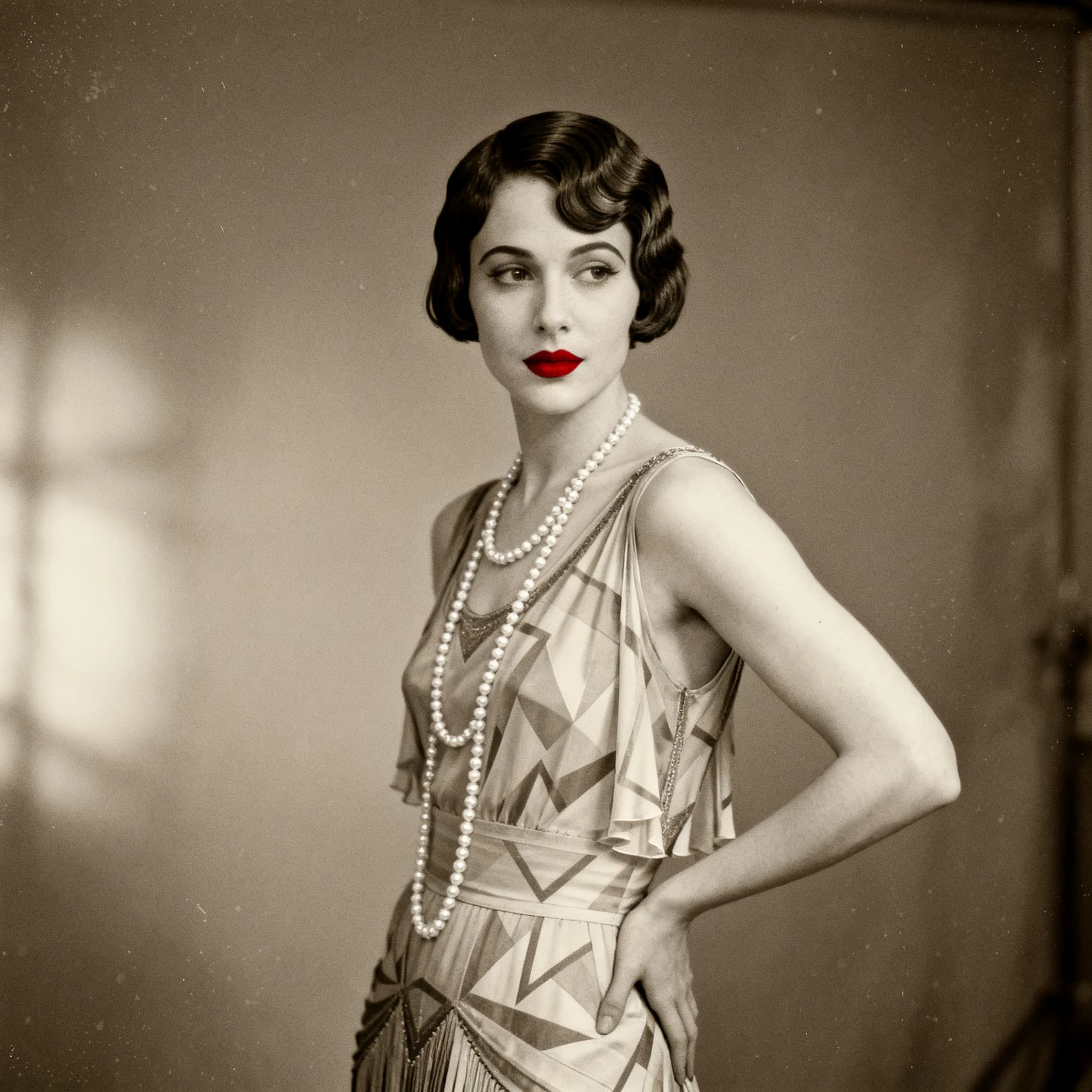 Sepia-toned studio portrait of a flapper with pearl necklace, soft grain.