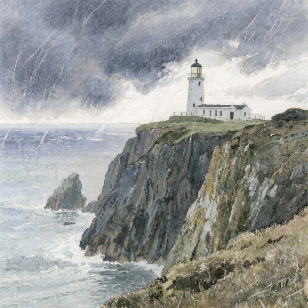 Please paint a watercolor of stormy cliffs and a lighthouse, moody sky.