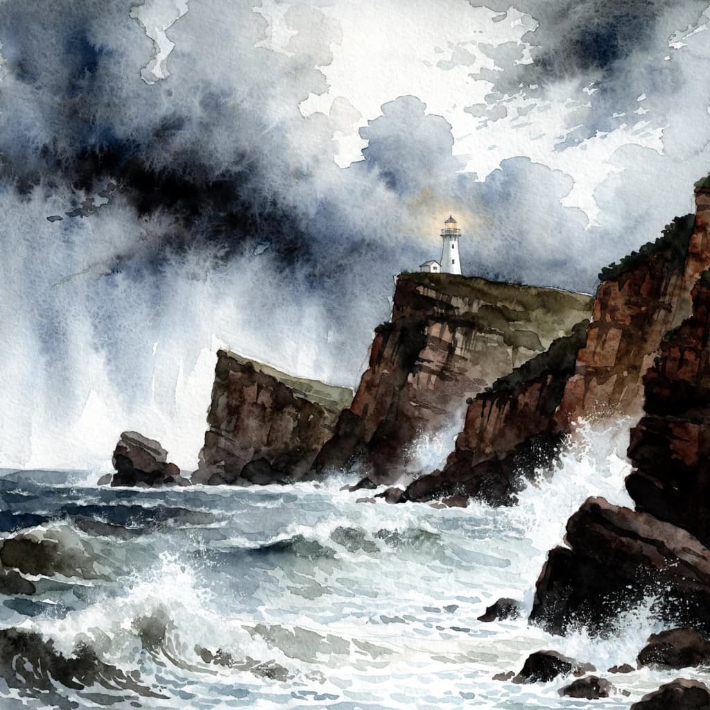 Please paint a watercolor of stormy cliffs and a lighthouse, moody sky.