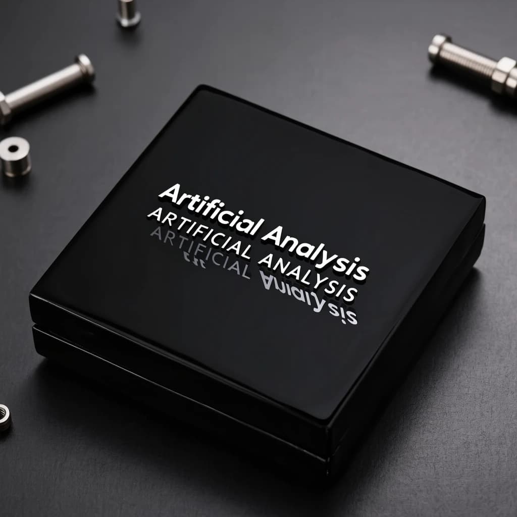On the black box, silver foil embossing, centered: "Artificial Analysis" in Comic Sans Small Caps, perfectly justified. The letters are crisp, but the “Y” is duplicated faintly, ghosting right. On the box’s reflection, the word order is inverted: ARTIFICIAL ANALYSIS.