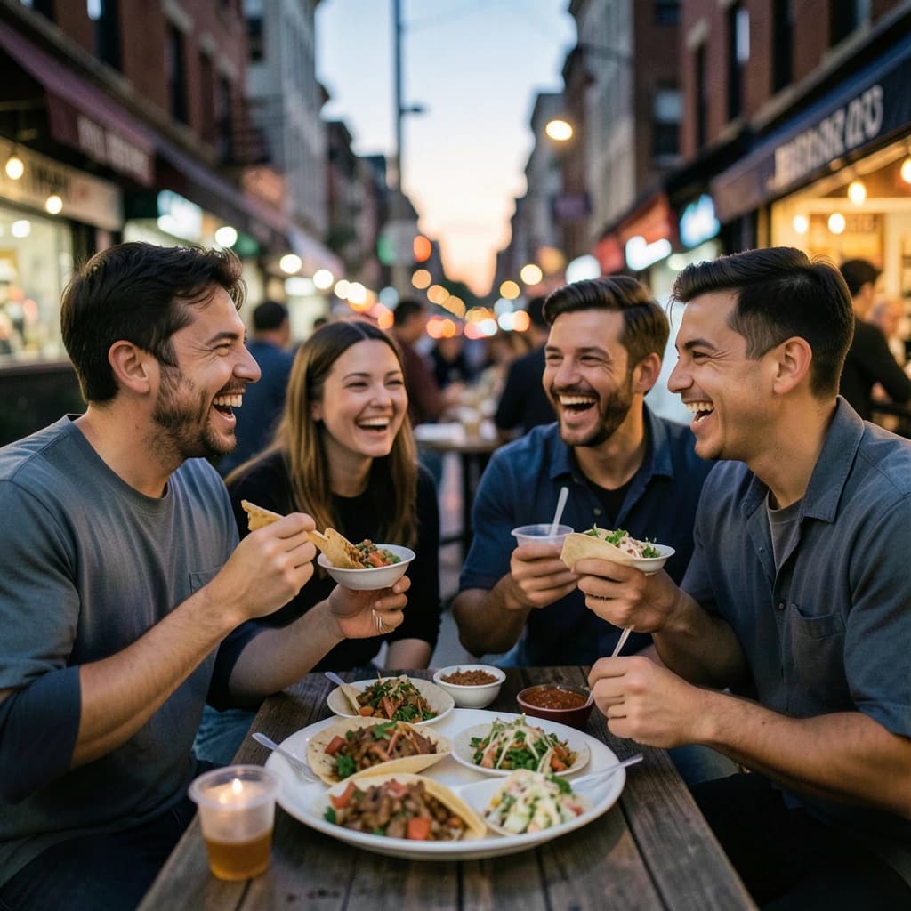 Friends laugh over street tacos at dusk, candid, shallow depth.