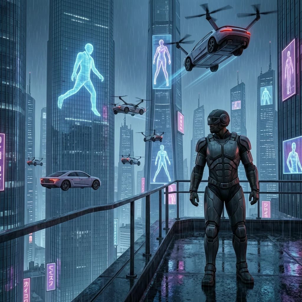Rain-soaked neon megacity at night, flying taxis weave between glass towers, giant holograms flicker; a lone courier in a matte exosuit, somewhat cinematic wide angle.