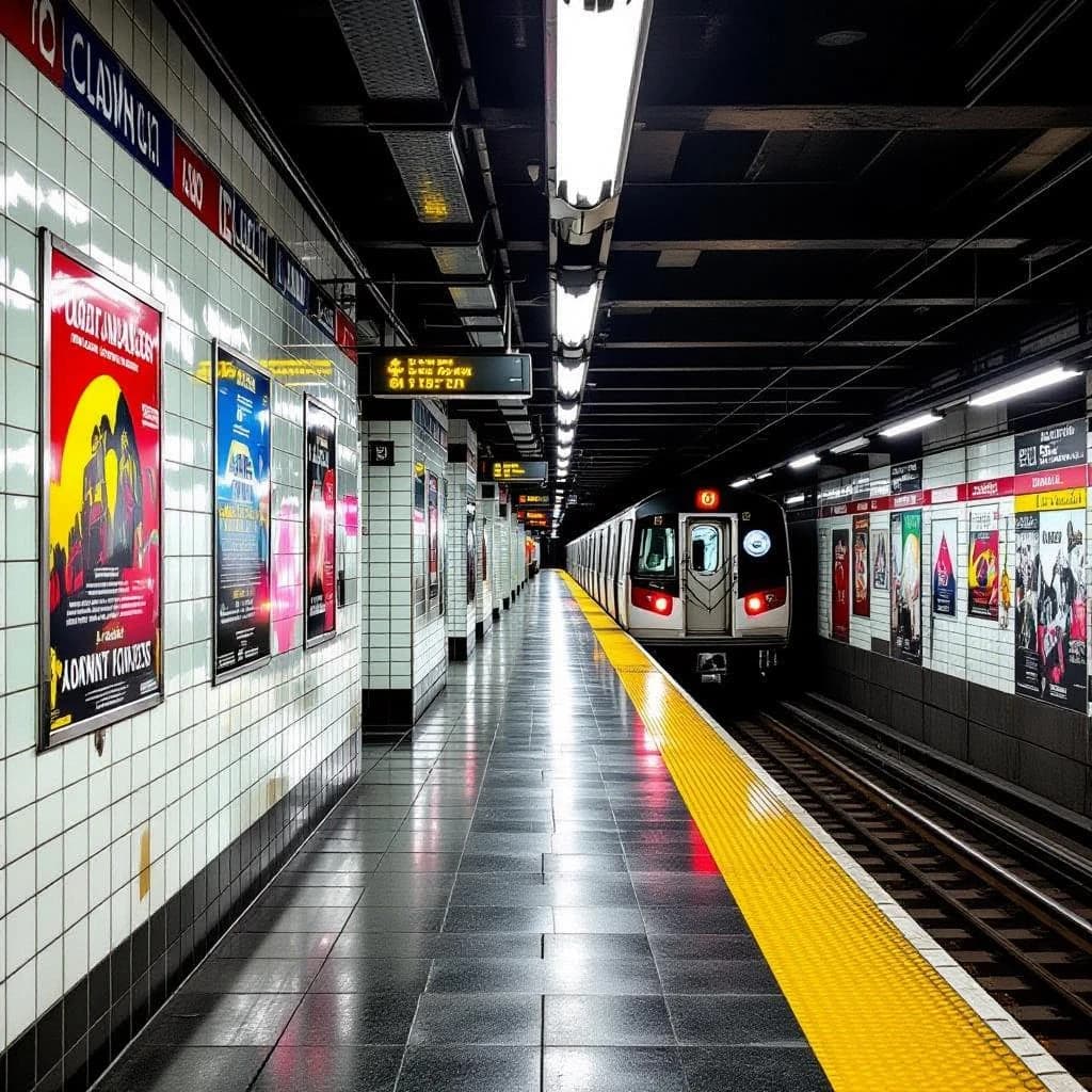 A subterranean subway platform with glossy tiles, peeling posters, flickering fluorescent lights, yellow safety line, and a distant train coming; slightly damp, echoes carry.