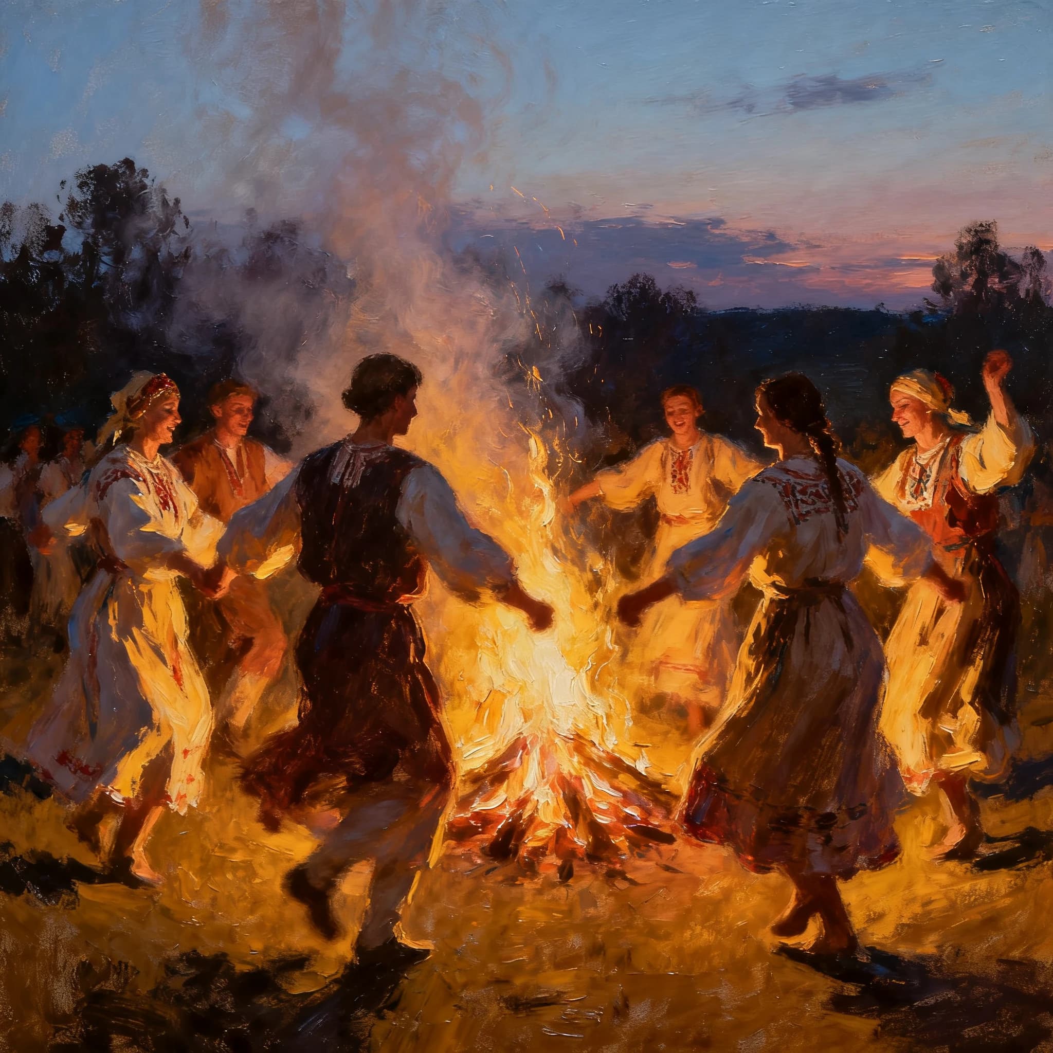Make an oil painting of villagers dancing by a bonfire at dusk, a bit smoky.
