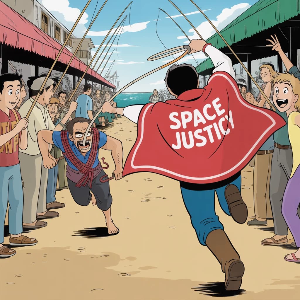 The space cowboy chases the deranged fisherman underneath the causeway, eager to collect on his bounty. Fishing rods and lines hang off the back off the fishermen as he darts between the bustling market crowd. We see the back of the space cowboy in his space poncho emblazoned with the words SPACE JUSTICE, spinning his lasso over his head. A child on the sidelines excitedly cheers the cowboy. 1990s hand drawn anime style with strong fluidity