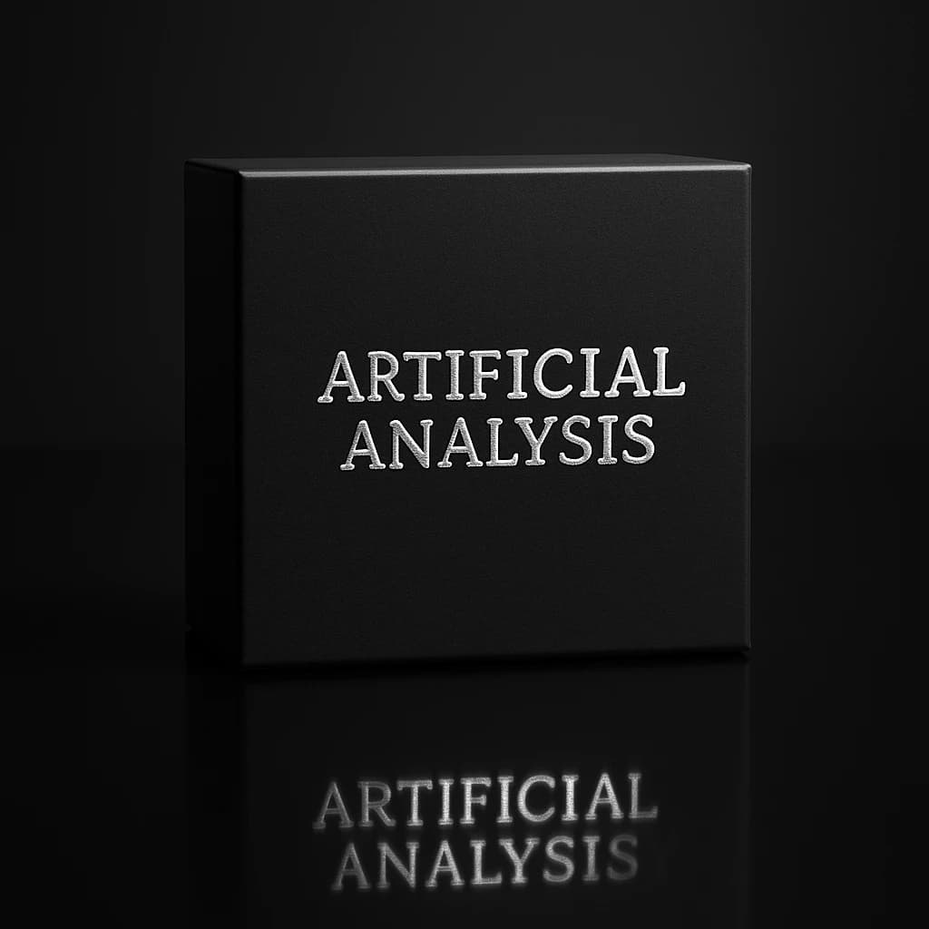 On the black box, silver foil embossing, centered: "Artificial Analysis" in Comic Sans Small Caps, perfectly justified. The letters are crisp, but the “Y” is duplicated faintly, ghosting right. On the box’s reflection, the word order is inverted: ARTIFICIAL ANALYSIS.