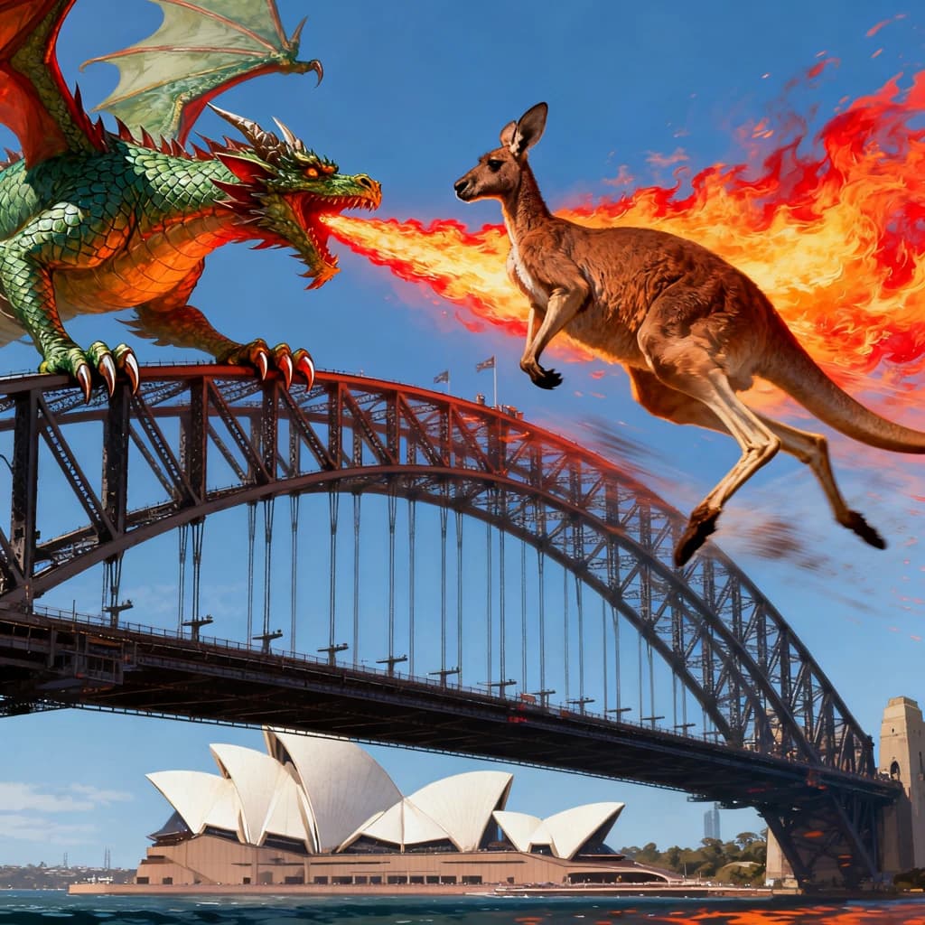 A dragon breathes fire at a kangaroo that is running away by climbing over the top of the Sydney Harbour Bridge. Opera House visible in the background.