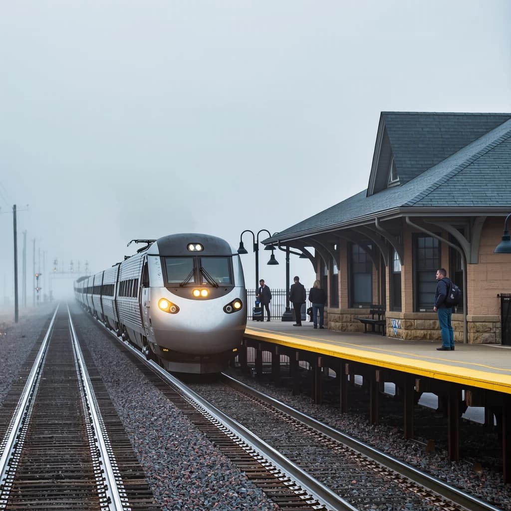 A commuter train enters a foggy little station.