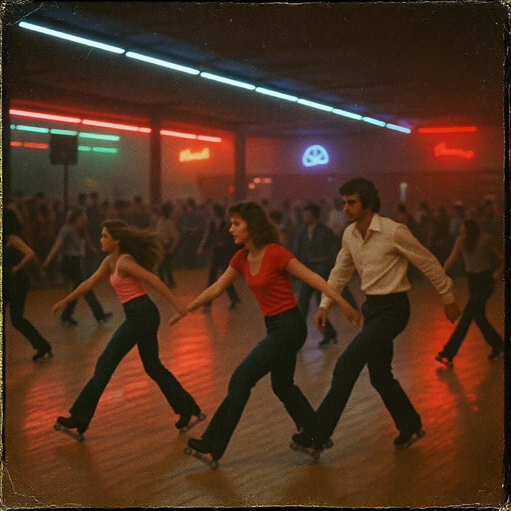 A 1970s roller rink crowd skates under neon, with a bit of fade and film grain.