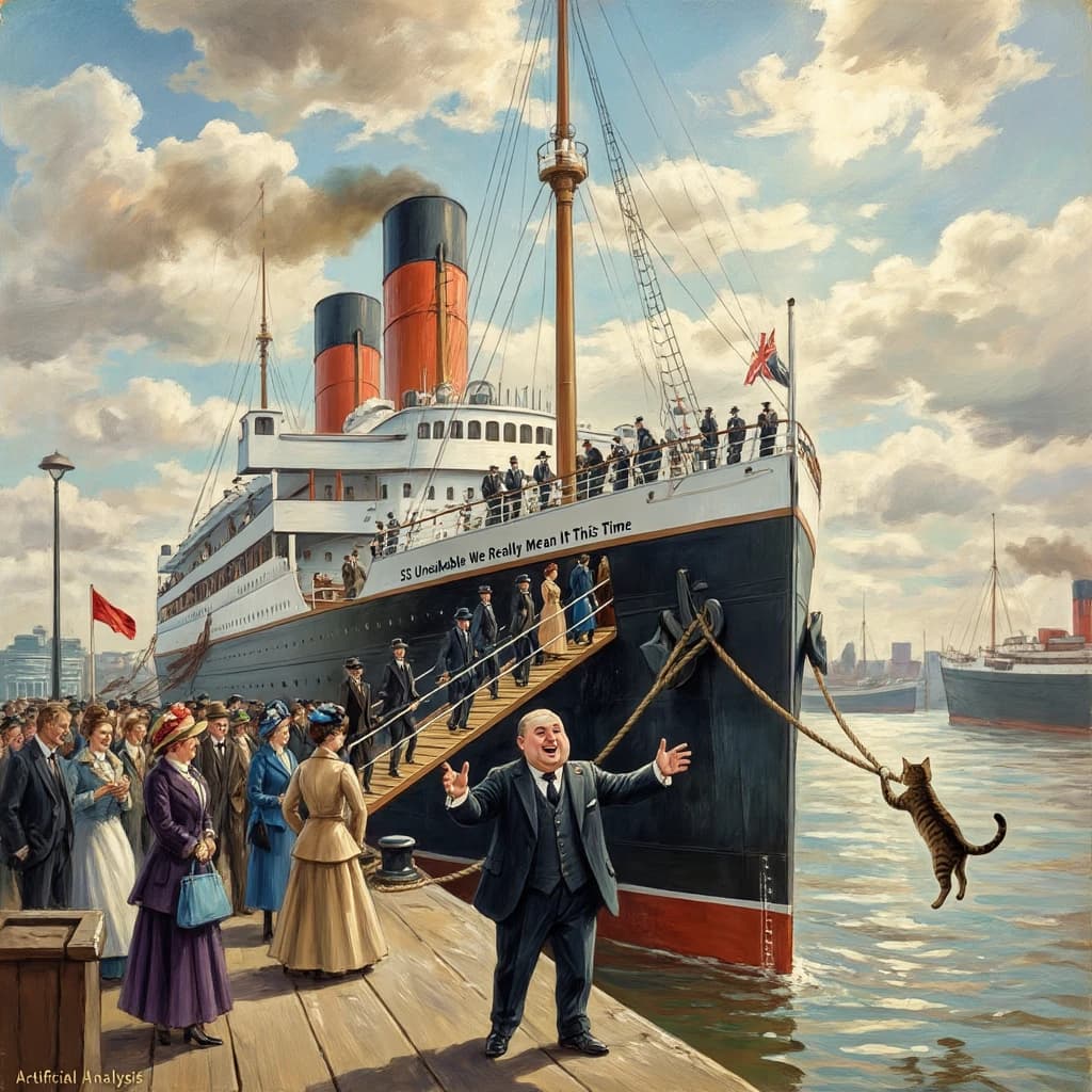 An impressionistic painting of the mighty steamer the "SS Unsinkable We Really Mean It This Time" on a cloudy but bright London morning about to set out on her maiden voyage. A jubilant crowd is gathered on the dock around the paunchy mayor who is making a speech, gesticulating wildly with his hands. The gangways are busy with well heeled ladies and gentlemen making their way onto the ship. A cheeky cat hangs over the water, clinging to the mooring rope after an ill-fated attempt to climb up. The artist has signed his name "Artificial Analysis" in the bottom corner