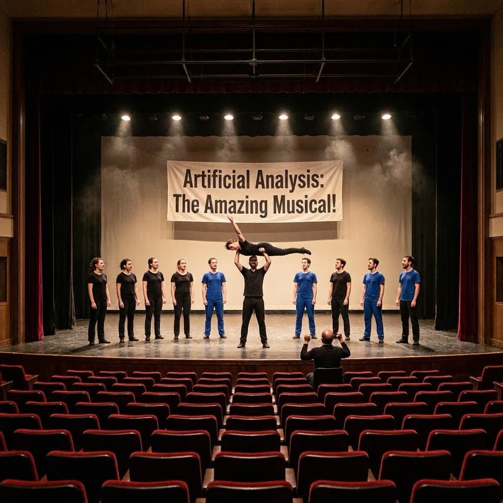 The musical troupe do a rehearsal in a large, empty theatre. 9 people are on the stage, half wear black and the others wear blue. The skinny bald director, seated in the second row, is practically leaping out of their seat with excitement as the leads nail their aerial. A giant banner reading "Artificial Analysis: The Amazing Musical!" is behind the actors.