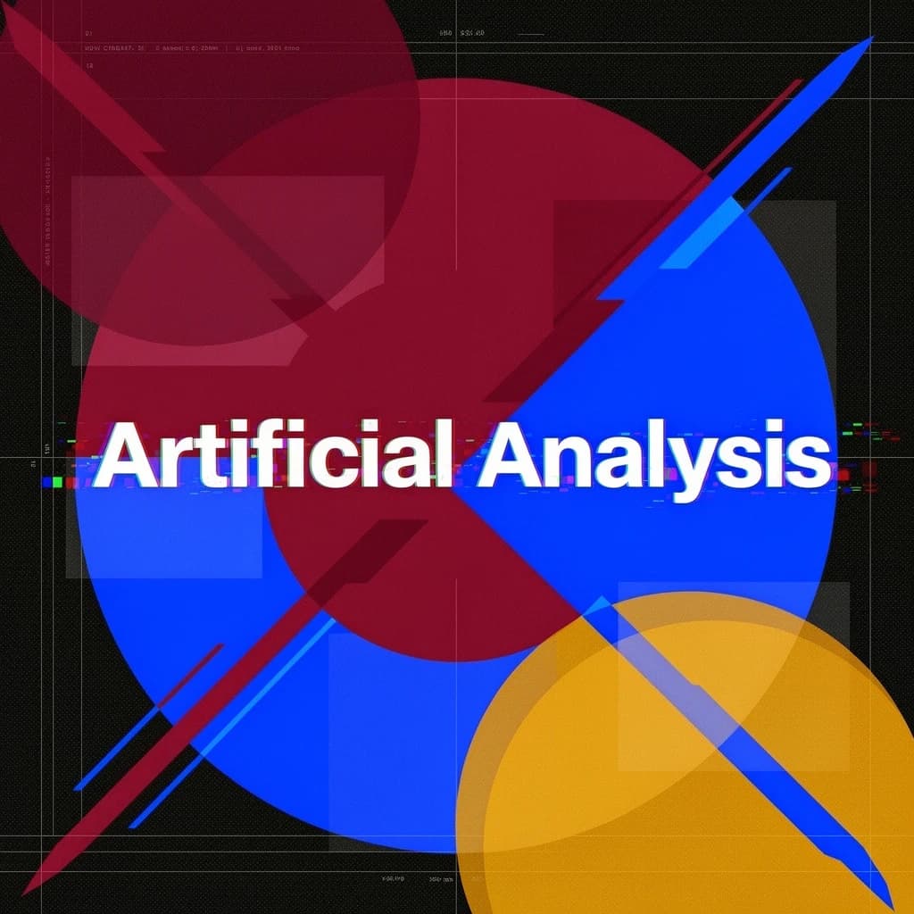 A bold poster composition dominated by flat geometric shapes in crimson, cobalt, and ochre. Overlapping circles and sharp diagonal lines create dynamic tension across the frame. A single sans-serif word — Artificial Analysis — stretches across the center in stark white, distorted slightly as though caught mid-glitch. The background is textured with halftone dots and faint grid lines, while subtle overlays of translucent rectangles suggest depth. Designed in the spirit of modernist Swiss typography fused with digital glitch aesthetics.