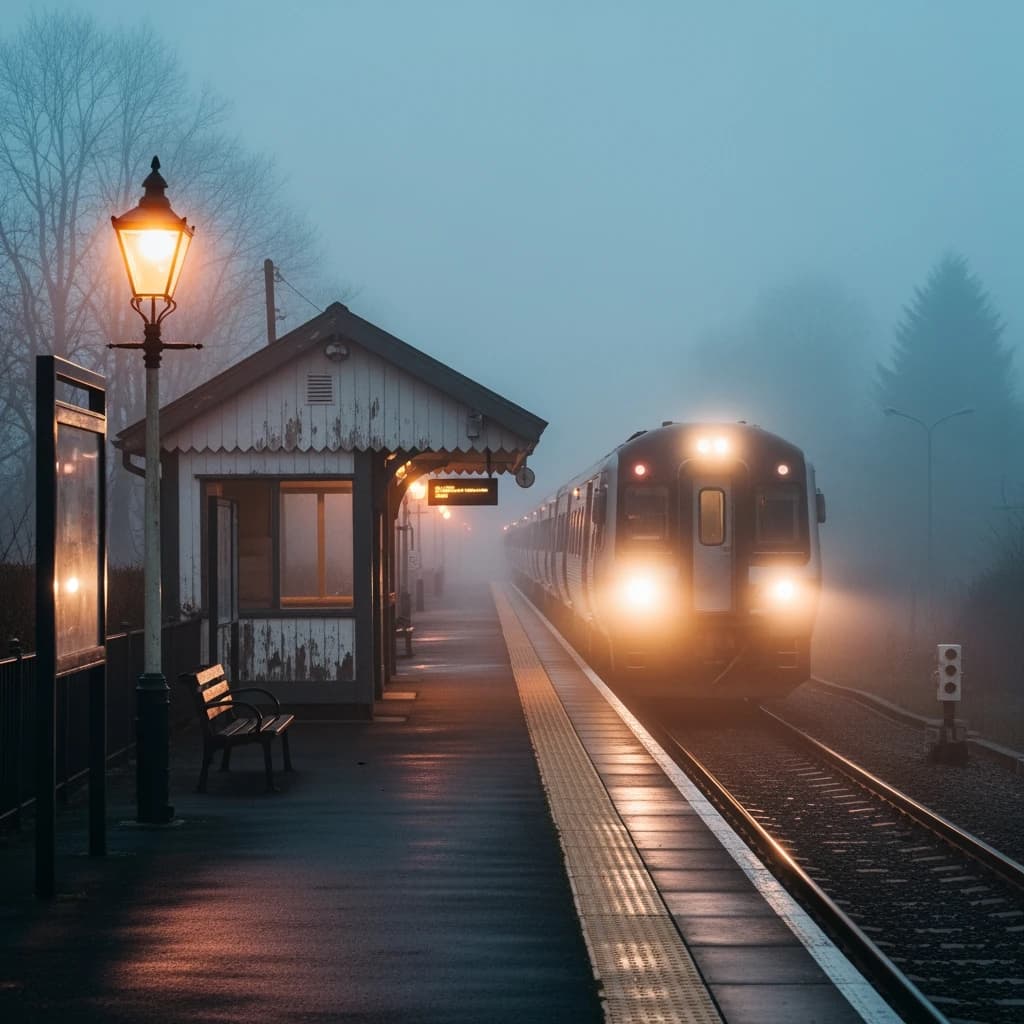 A commuter train enters a foggy little station.