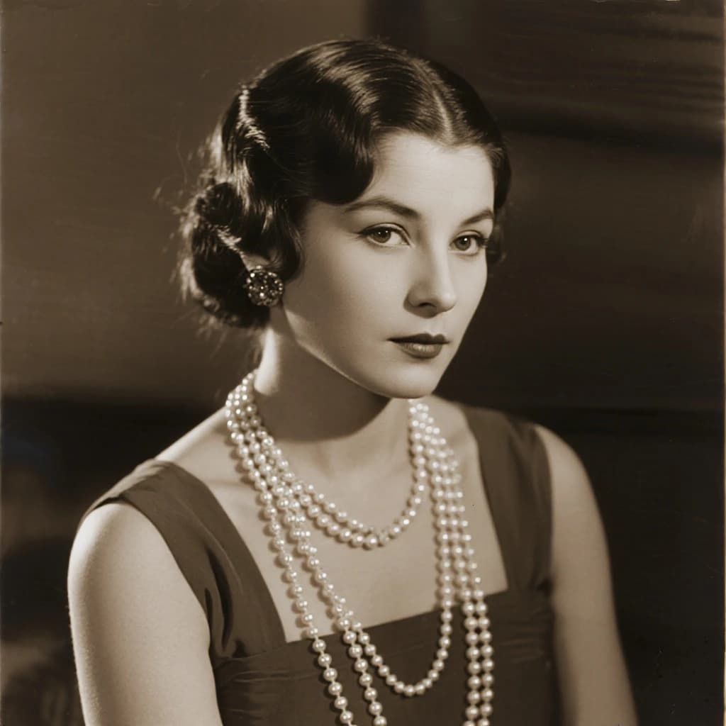 Sepia-toned studio portrait of a flapper with pearl necklace, soft grain.