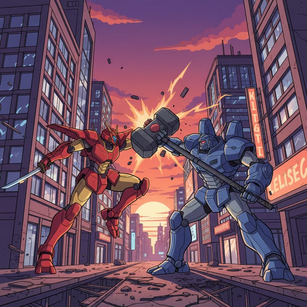Make a cel-shaded mecha duel at dusk downtown.