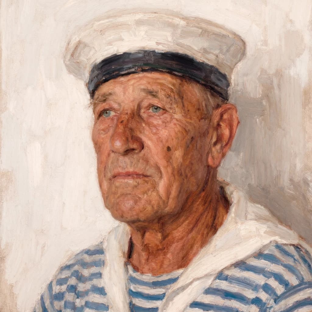 Oil on canvas portrait of an elderly sailor, weathered face, soft light.