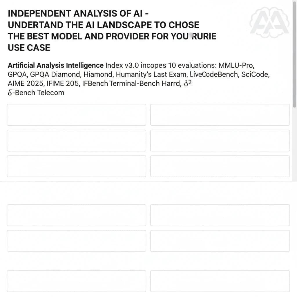 On a white dashboard with thin gray dividers, place a centered header in Helvetica Neue Bold, 20pt: “Independent analysis of AI - Understand the AI landscape to choose the best model and provider for your use case.” Directly beneath, a subheader in smaller Regular weight, 14pt: “Artificial Analysis Intelligence Index v3.0 incorporates 10 evaluations: MMLU-Pro, GPQA Diamond, Humanity's Last Exam, LiveCodeBench, SciCode, AIME 2025, IFBench, AA-LCR, Terminal-Bench Hard, 𝜏²-Bench Telecom.” The header is fully justified but the subheader is left-aligned. In the upper right corner, the Artificial Analysis logo appears watermarked, diagonal, faint gray, partially overlapping the scrollbar.