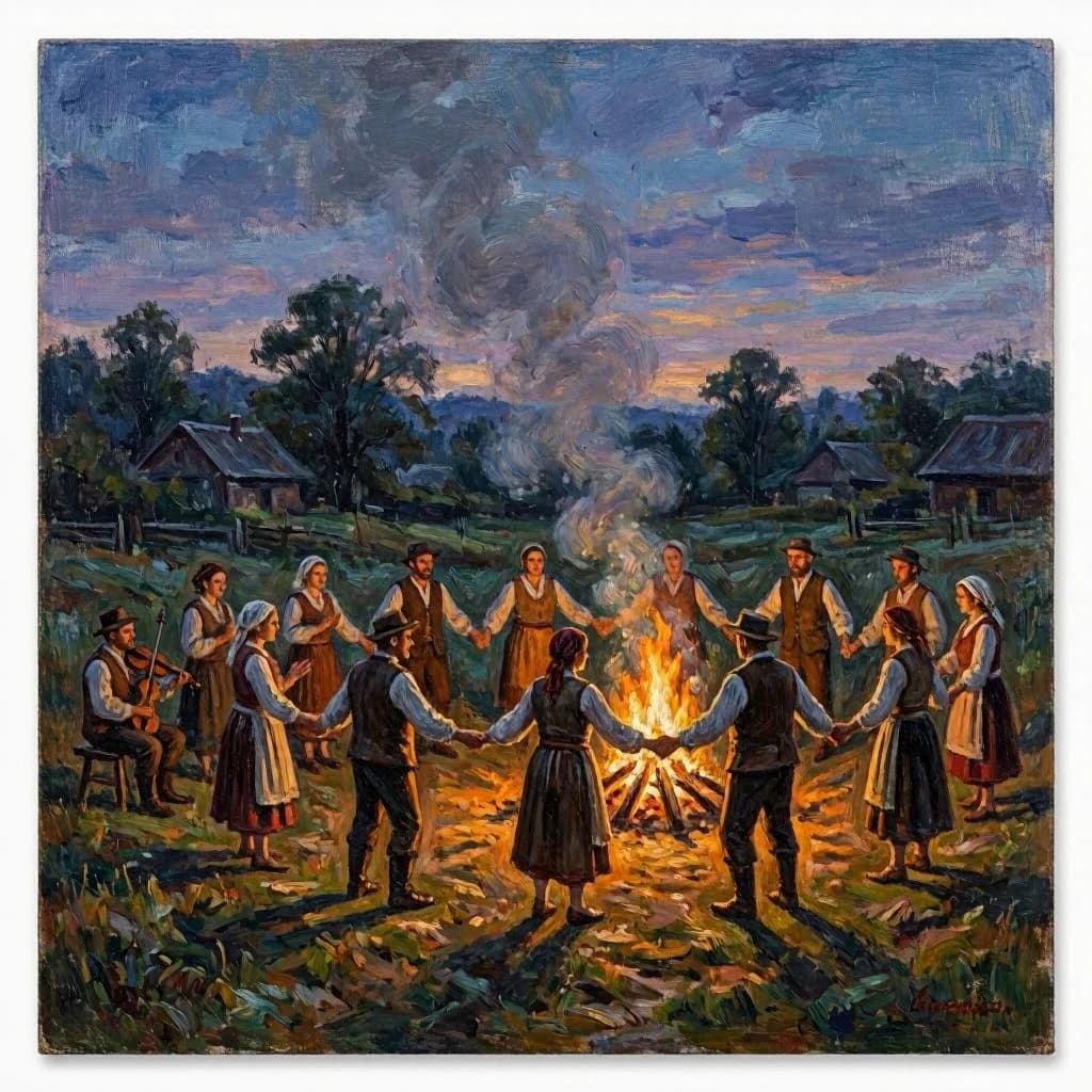 Make an oil painting of villagers dancing by a bonfire at dusk, a bit smoky.