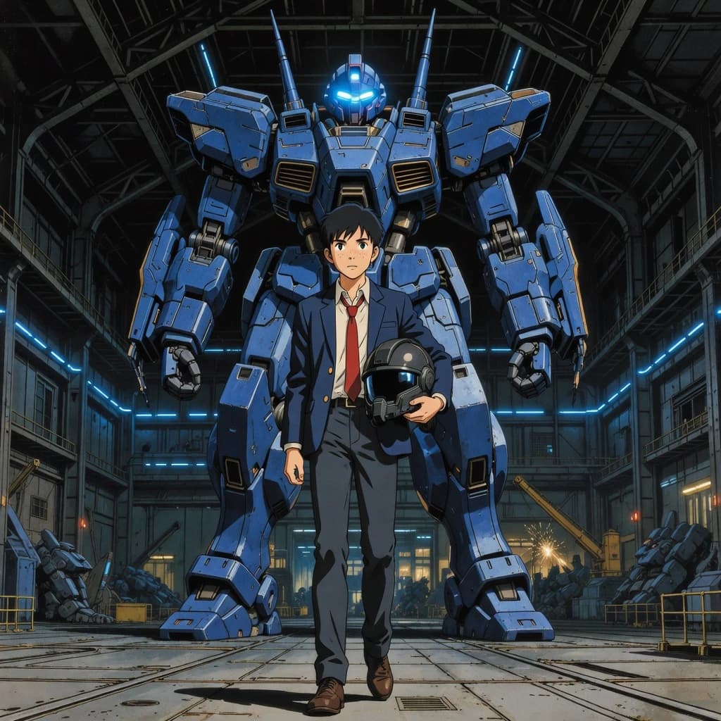 A teenage pilot grips his helmet under one arm, standing at the edge of a glowing hangar bay. Before him looms a sleek, steel-blue mech, its eyes lit with a cold electric glare. His school uniform is rumpled, a sharp contrast to the machine’s flawless plating. The vast scale engulfs him in shadow, emphasizing both awe and dread. Hand-drawn anime style.