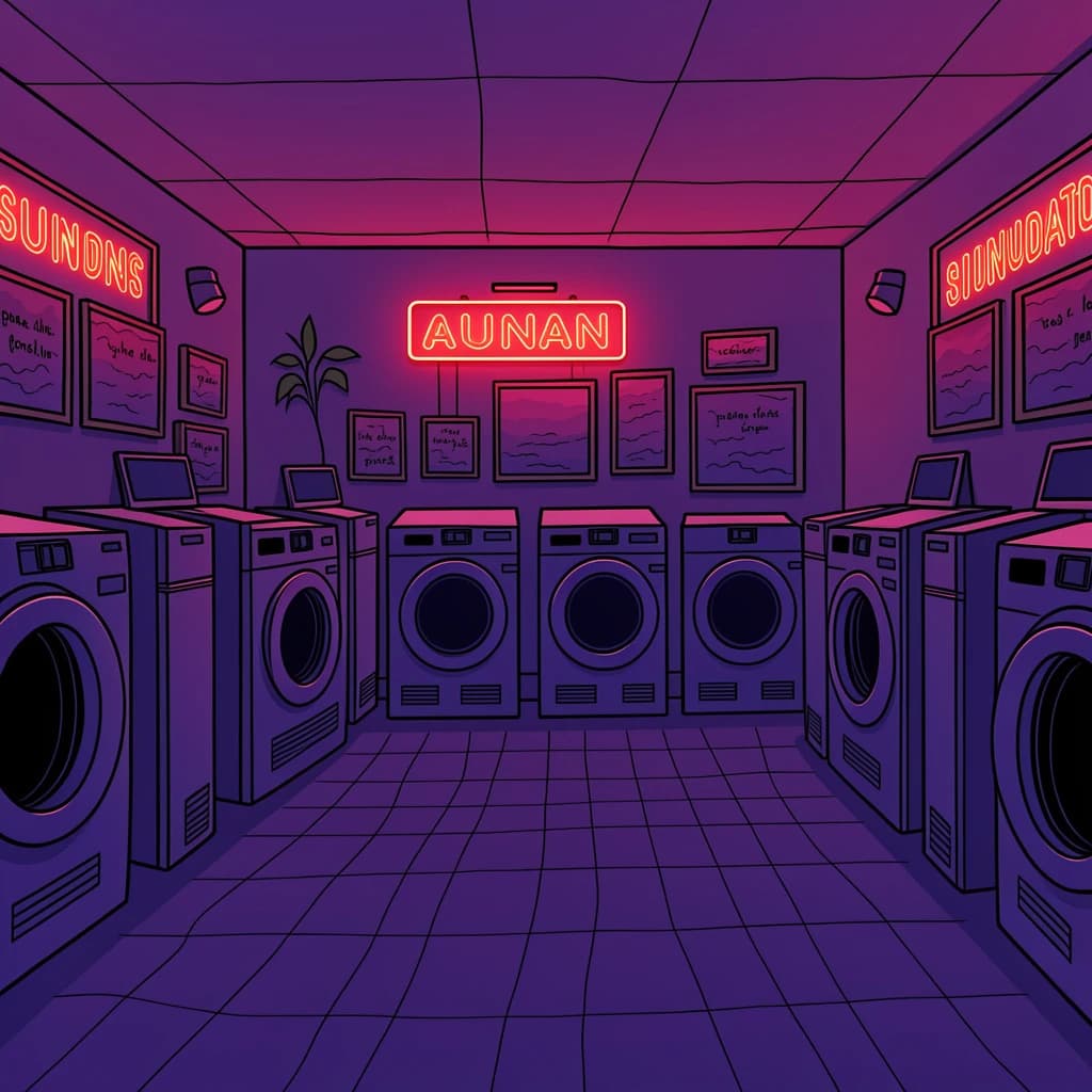 A cozy laundromat at dusk, neon humming, flat colors, bold inked lines.