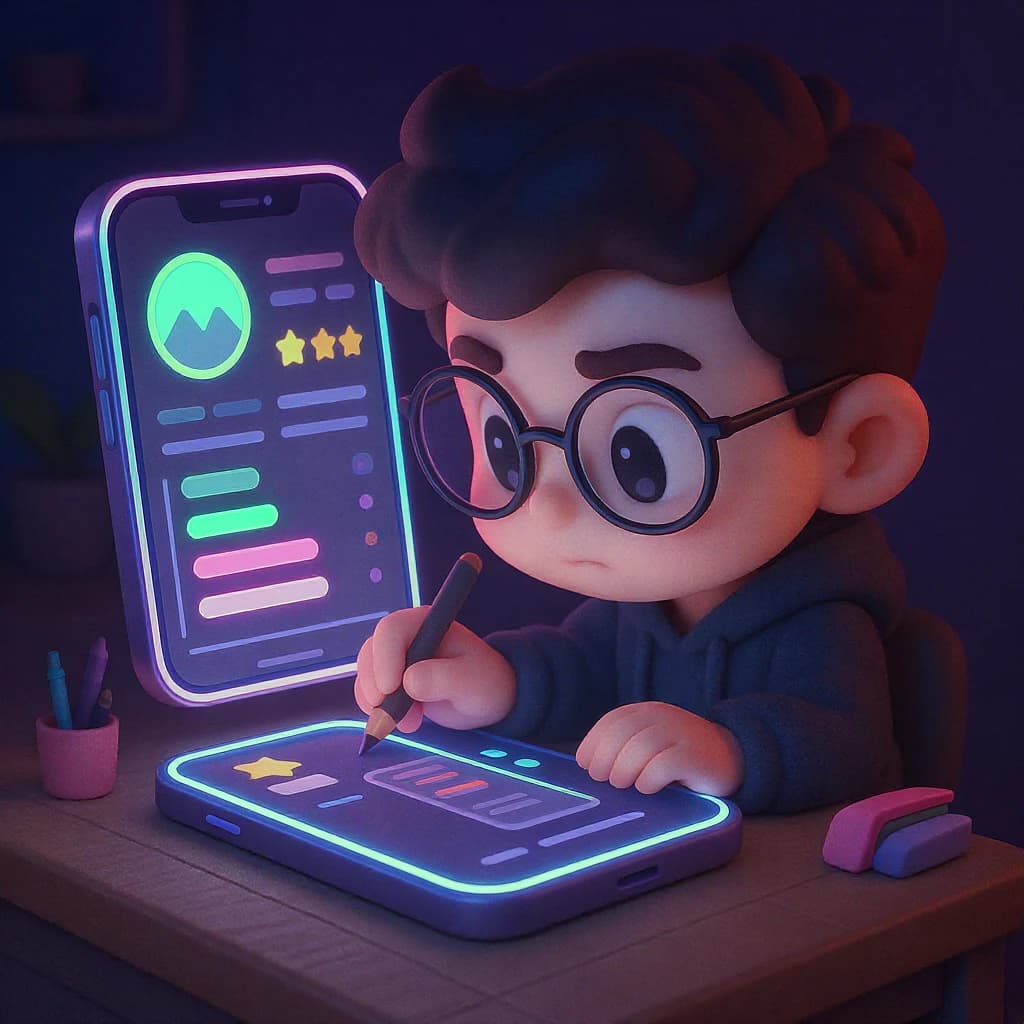 A chibi artist crafts a sleek mobile dashboard, neon pastel glow.