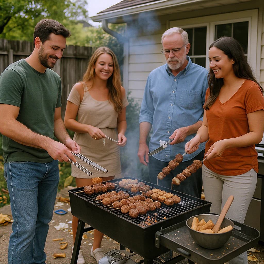 Friends grill skewers on a slightly messy patio.