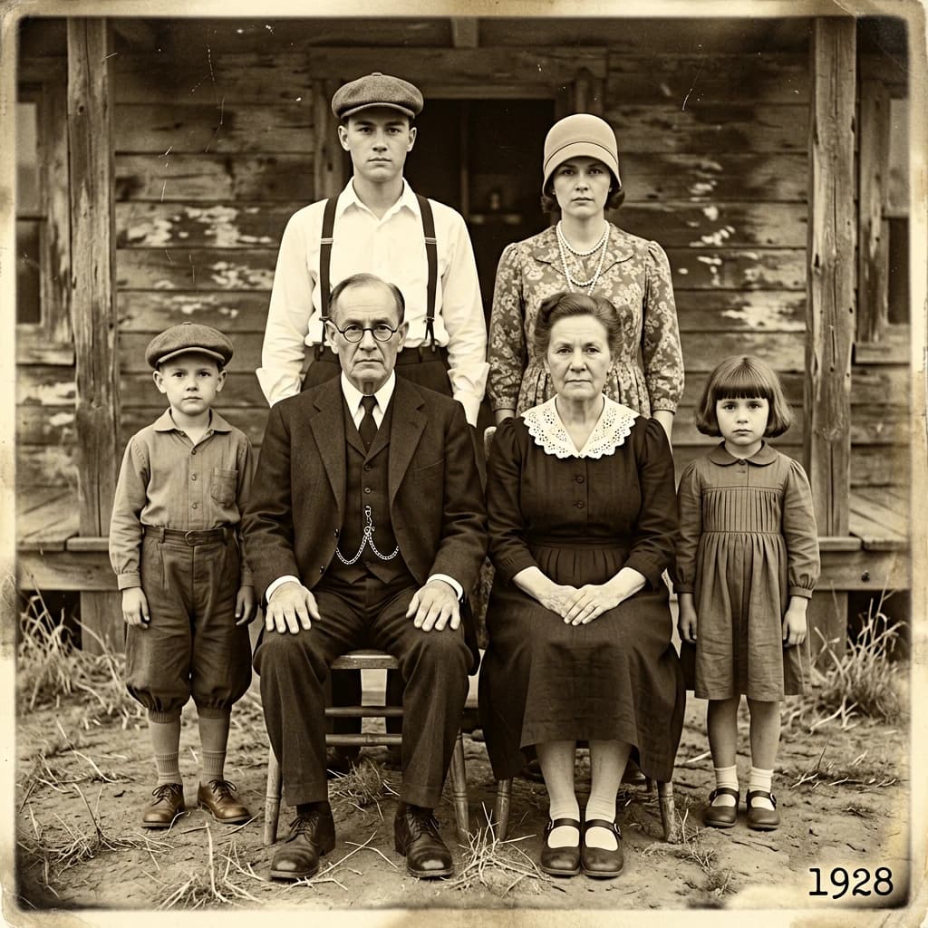 Everybody holds still and nobody smiles for the family portrait. It's 1928 in Kansas