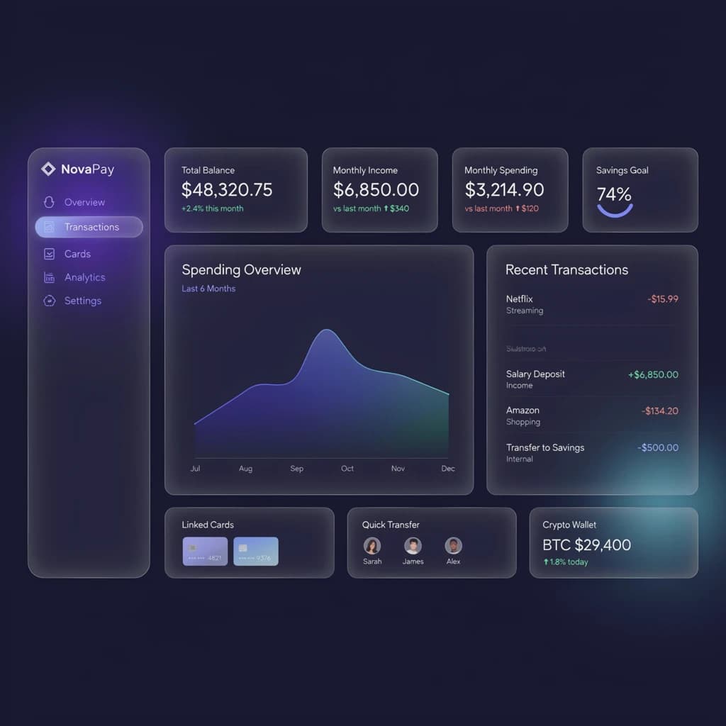 Dark mode banking dashboard with glassmorphism.