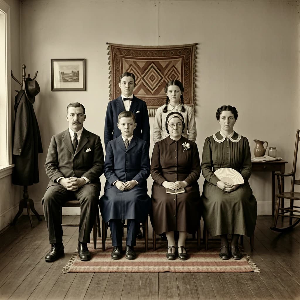 Everybody holds still and nobody smiles for the family portrait. It's 1928 in Kansas