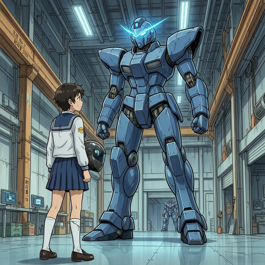 A teenage pilot grips his helmet under one arm, standing at the edge of a glowing hangar bay. Before him looms a sleek, steel-blue mech, its eyes lit with a cold electric glare. His school uniform is rumpled, a sharp contrast to the machine’s flawless plating. The vast scale engulfs him in shadow, emphasizing both awe and dread. Hand-drawn anime style.