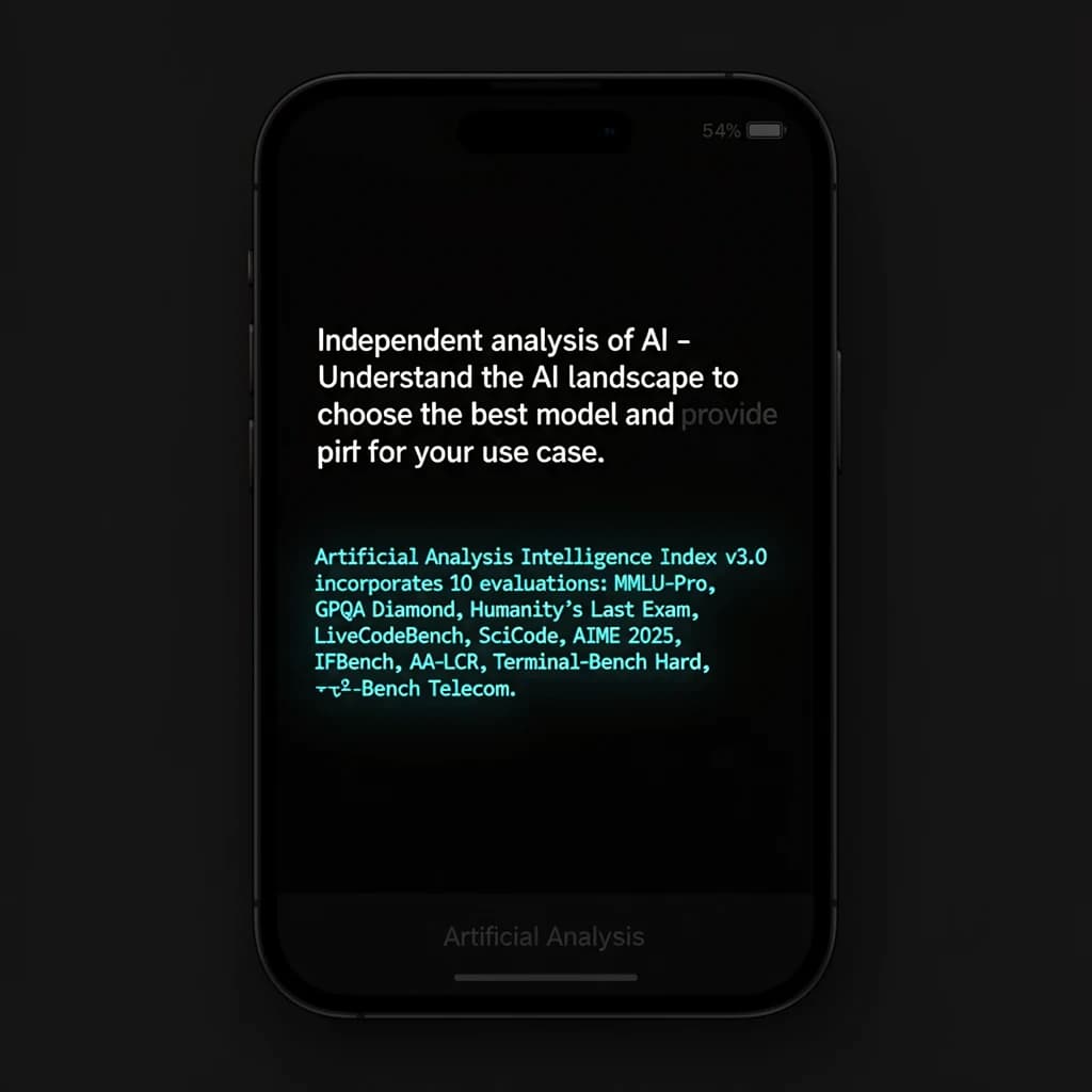 On a black smartphone UI with rounded corners, display a centered text block in white San Francisco font, 16pt: “Independent analysis of AI - Understand the AI landscape to choose the best model and provider for your use case.” Below, in neon cyan, monospace font, smaller size: “Artificial Analysis Intelligence Index v3.0 incorporates 10 evaluations: MMLU-Pro, GPQA Diamond, Humanity's Last Exam, LiveCodeBench, SciCode, AIME 2025, IFBench, AA-LCR, Terminal-Bench Hard, 𝜏²-Bench Telecom.” The second block scrolls horizontally as a ticker. The battery icon in the status bar shows 54%. The Artificial Analysis logo appears faintly, embossed into the bottom navigation bar.
