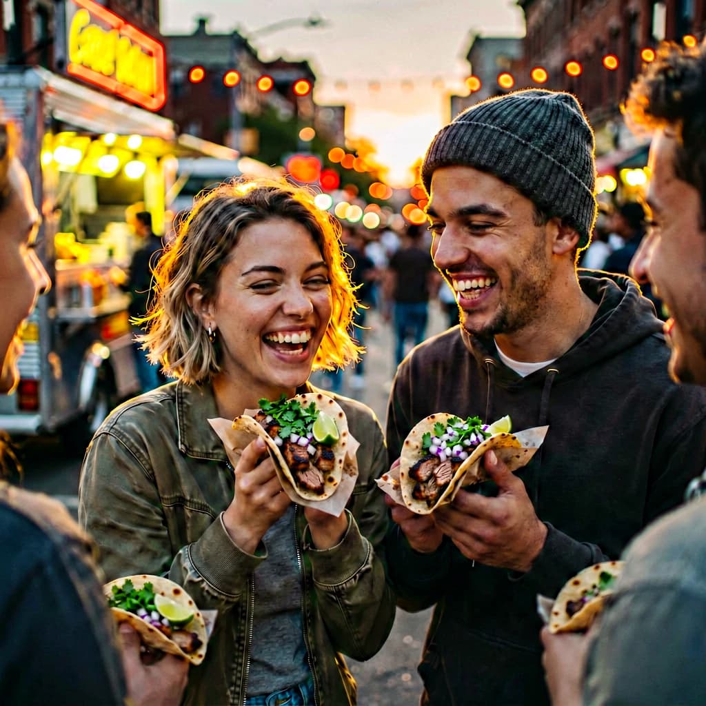 Friends laugh over street tacos at dusk, candid, shallow depth.