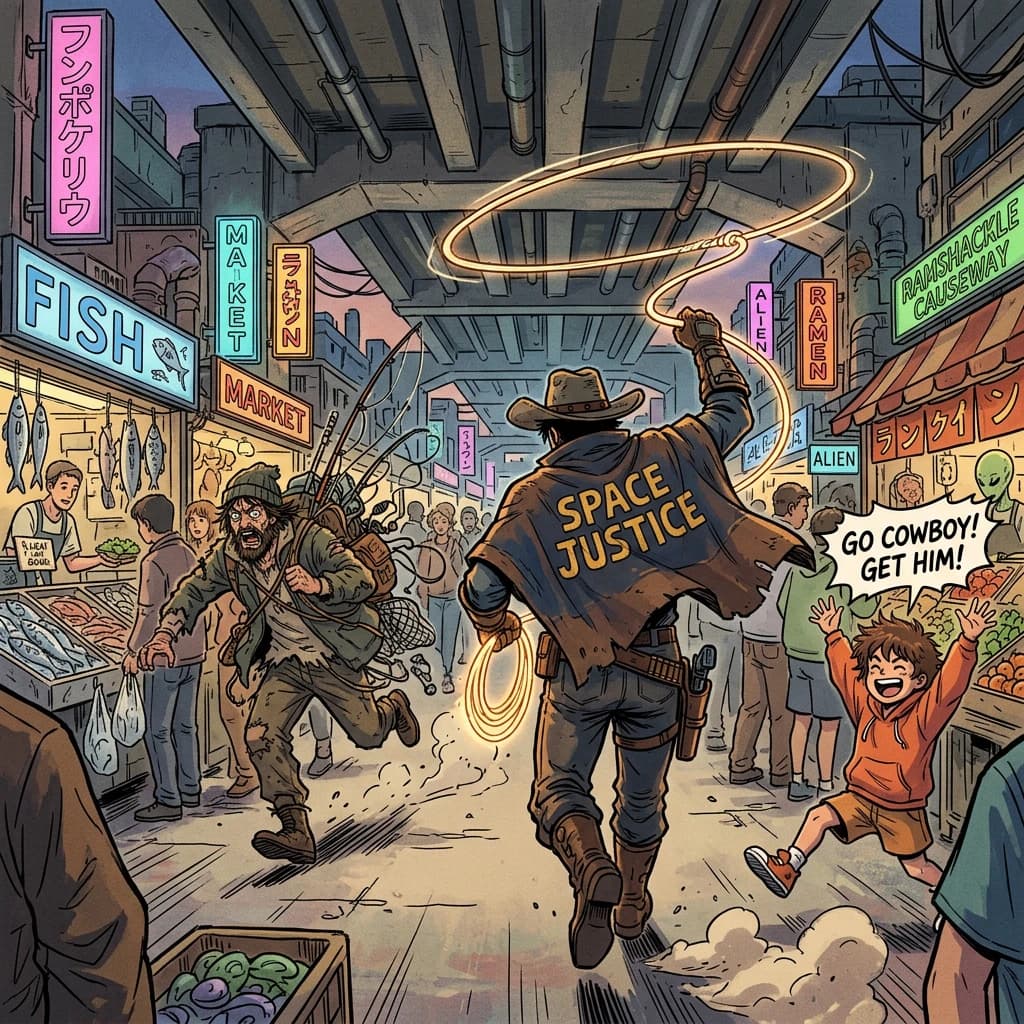 The space cowboy chases the deranged fisherman underneath the causeway, eager to collect on his bounty. Fishing rods and lines hang off the back off the fishermen as he darts between the bustling market crowd. We see the back of the space cowboy in his space poncho emblazoned with the words SPACE JUSTICE, spinning his lasso over his head. A child on the sidelines excitedly cheers the cowboy. 1990s hand drawn anime style with strong fluidity