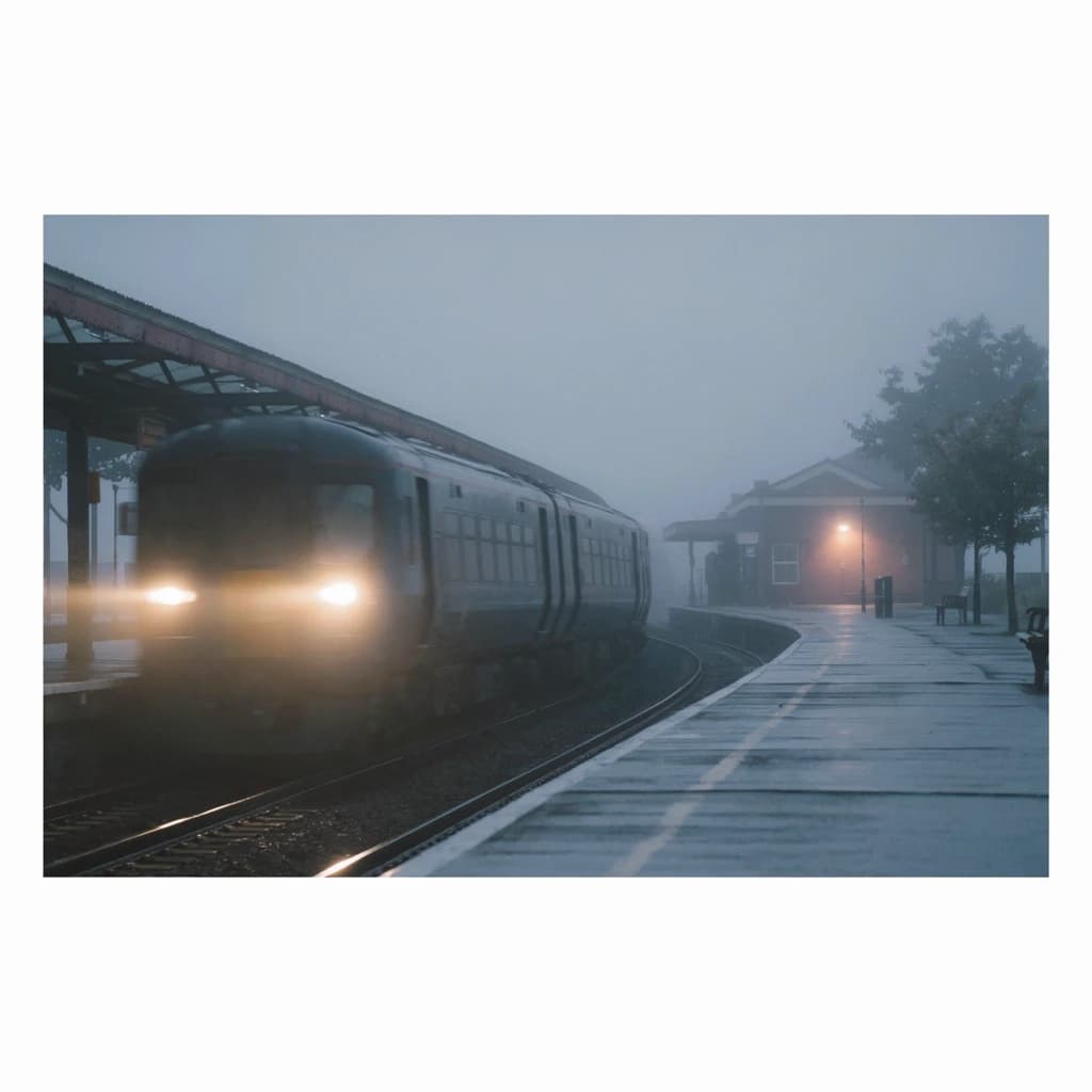 A commuter train enters a foggy little station.