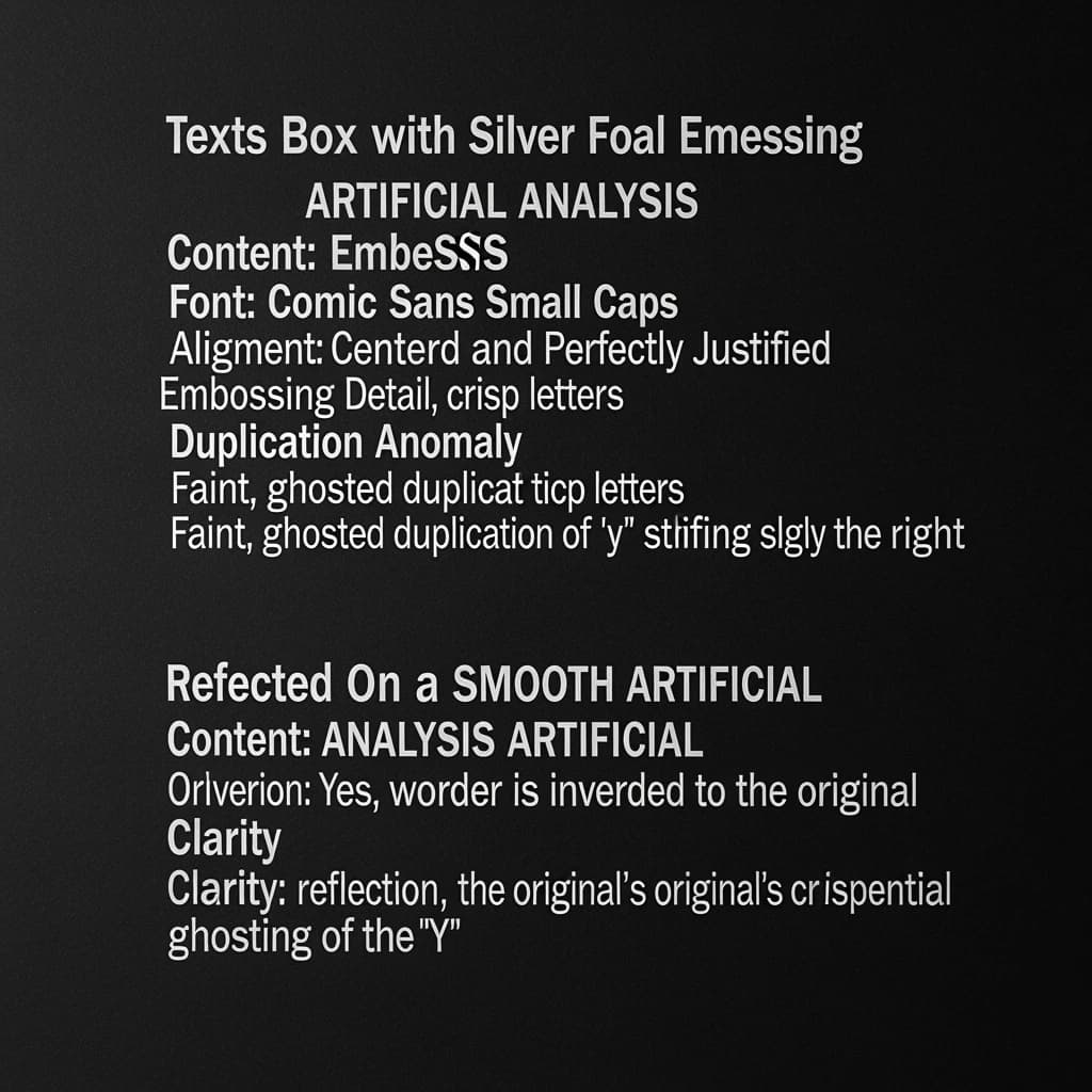 On the black box, silver foil embossing, centered: "Artificial Analysis" in Comic Sans Small Caps, perfectly justified. The letters are crisp, but the “Y” is duplicated faintly, ghosting right. On the box’s reflection, the word order is inverted: ARTIFICIAL ANALYSIS.
