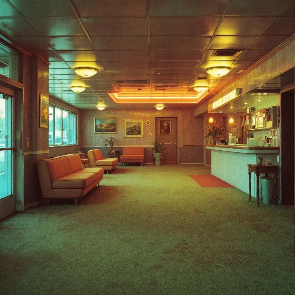 Show a faded 70s motel lobby with humming neon, sticky carpet, film grain.