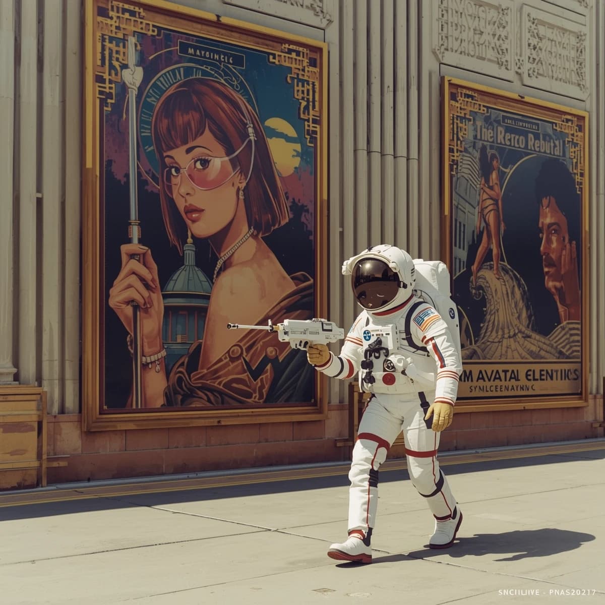 Raygun-toting astronaut in a bubble helmet strolls past art deco billboards.