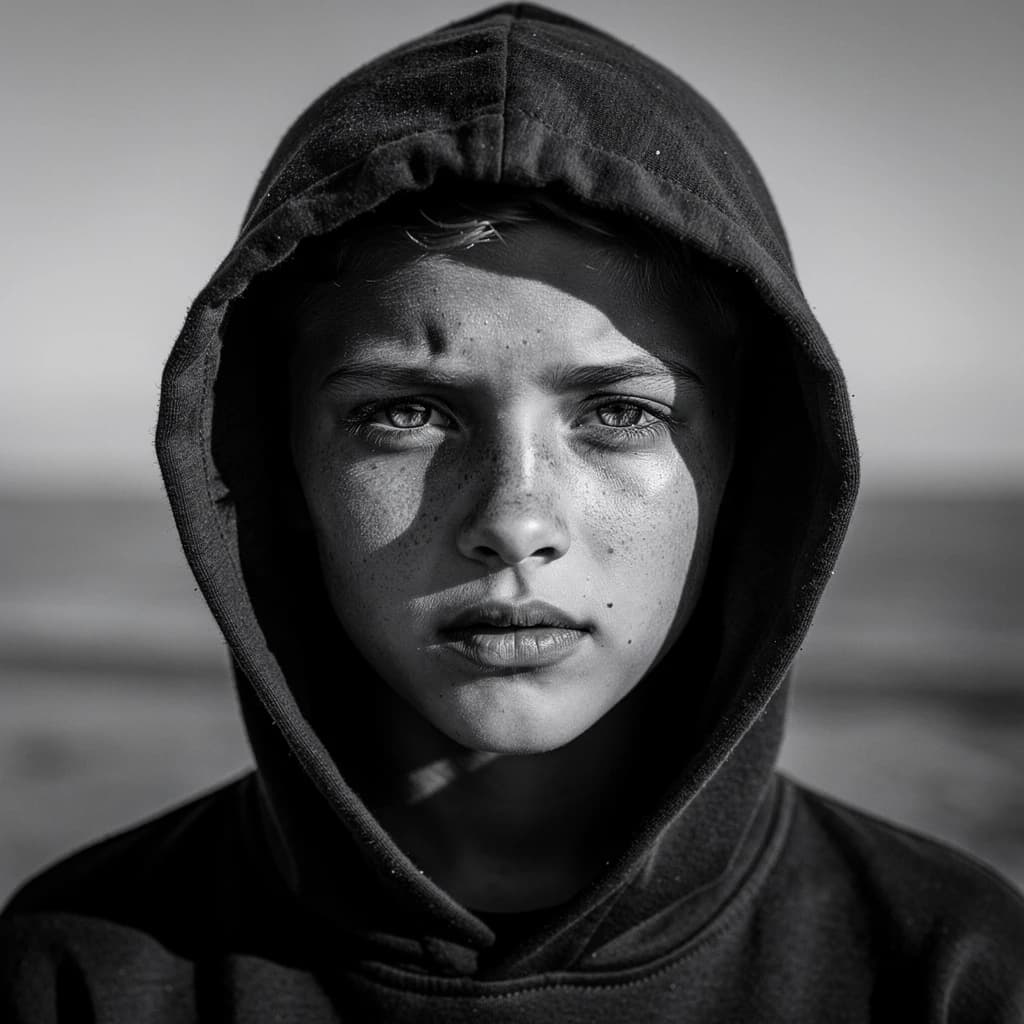 A dramatic black-and-white portrait of a young person draped in a hooded garment, their face framed by the hood's dark folds. Their skin tone and the subtle sheen on their cheeks create striking tonal contrast against the deep shadows. Their eyes are piercing, looking directly into the lens with a calm, steady intensity—neither confrontational nor submissive, but deeply present. The texture of the fabric is visible: it's dense, slightly weathered, and whisper-thin creases catch the light. In the background, an expansive, out-of-focus landscape suggests open space—perhaps distant plains or water—though the details remain soft and abstract. The overall mood is silent yet powerful, poised between vulnerability and resilience, with every highlight and shadow telling part of their story.
