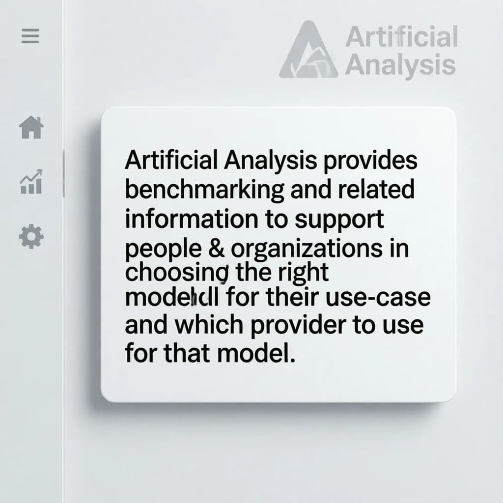 On a high-resolution dashboard mockup with a clean white background, display a centered text module in Helvetica Neue Regular, 18pt, black: “Artificial Analysis provides benchmarking and related information to support people & organizations in choosing the right model for their use-case and which provider to use for that model.” The text box is justified, but the final word wraps awkwardly onto its own line. To the left, a vertical navigation bar in light gray with three icons - home, chart, and settings - aligned evenly but casting misaligned shadows. In the upper right, the Artificial Analysis logo appears faintly, semi-transparent, watermarked over the corner of the interface.