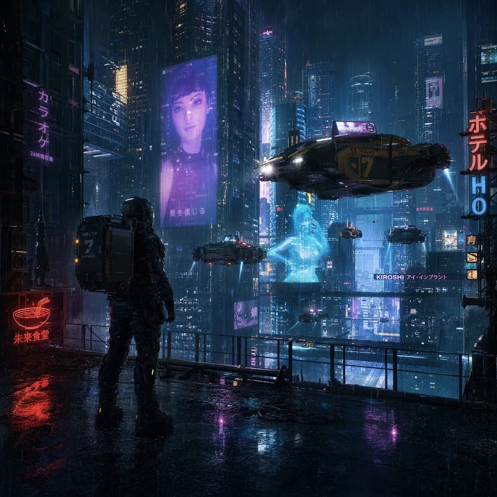 Rain-soaked neon megacity at night, flying taxis weave between glass towers, giant holograms flicker; a lone courier in a matte exosuit, somewhat cinematic wide angle.