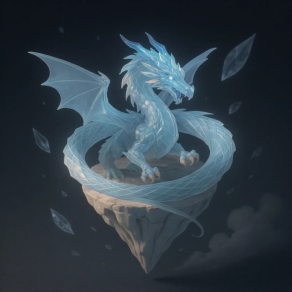 Render an isometric 3D crystal dragon circling a floating tower.