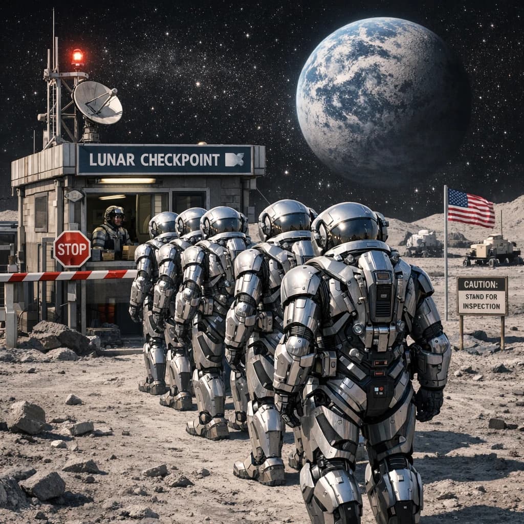 Silver exosuits queue at a dusty lunar checkpoint.
