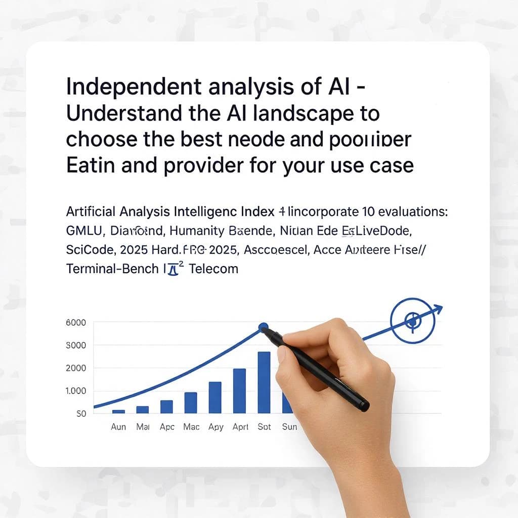 On a white dashboard with thin gray dividers, place a centered header in Helvetica Neue Bold, 20pt: “Independent analysis of AI - Understand the AI landscape to choose the best model and provider for your use case.” Directly beneath, a subheader in smaller Regular weight, 14pt: “Artificial Analysis Intelligence Index v3.0 incorporates 10 evaluations: MMLU-Pro, GPQA Diamond, Humanity's Last Exam, LiveCodeBench, SciCode, AIME 2025, IFBench, AA-LCR, Terminal-Bench Hard, 𝜏²-Bench Telecom.” The header is fully justified but the subheader is left-aligned. In the upper right corner, the Artificial Analysis logo appears watermarked, diagonal, faint gray, partially overlapping the scrollbar.