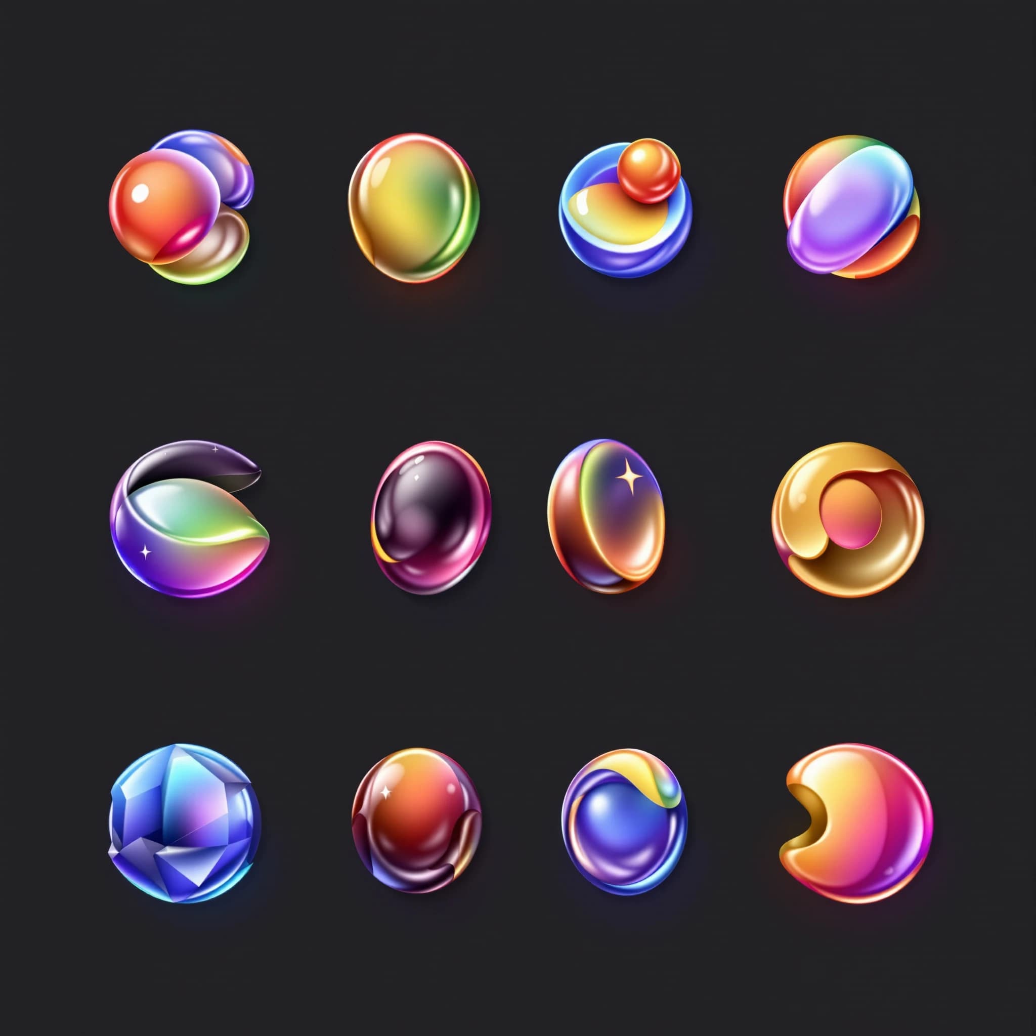 Design a glossy 3D icon set with smooth gradients.