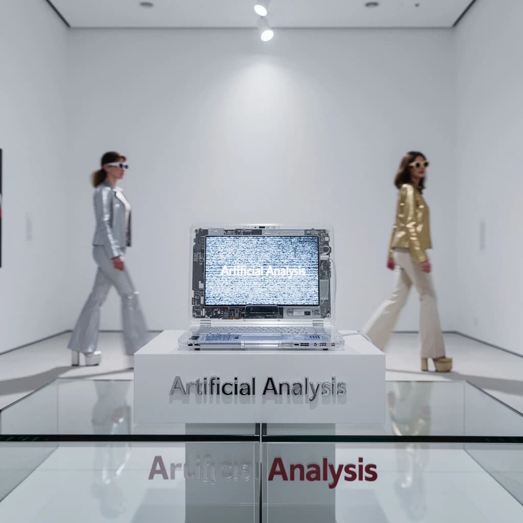 In a spotless gallery space, a pedestal supports a transparent laptop whose screen flickers between static and pristine brand imagery. Shoppers blur past in designer clothes that appear slightly outdated - bell bottoms, metallic jackets. The embossed logo “Artificial Analysis” glints silver, yet its reflection in the glass floor reads in crimson letters. A single spotlight shines, though shadows fall in two directions.