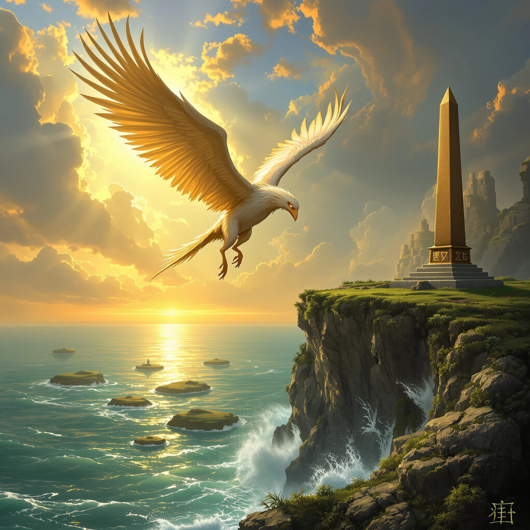 At dawn, a winged griffin lands on a mossy cliff above a jade sea beside a runed obelisk; floating isles drift under golden sunbeams, with a bit of sea spray and glowing runes.