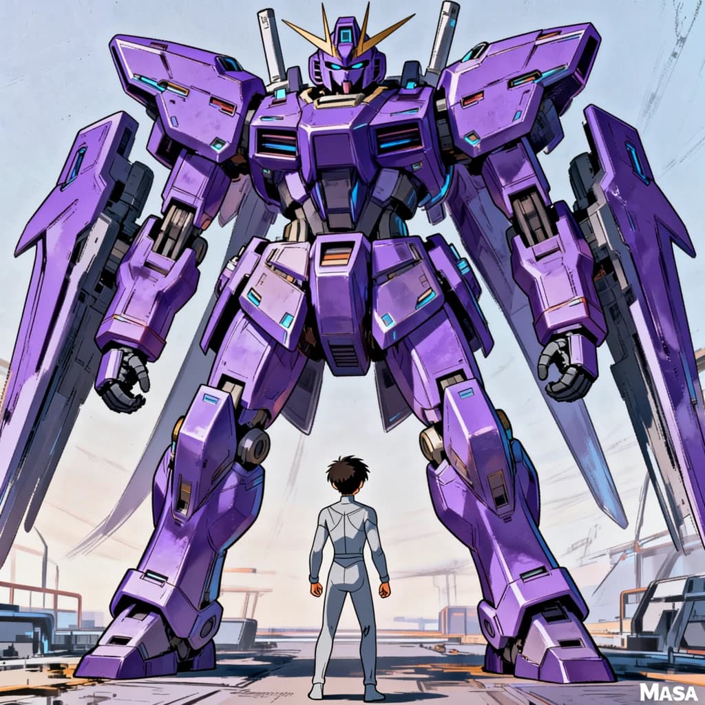 Clad in his body suit up to the neck, young Masa nervously approaches the towering mech with his back facing us. He is nervous for his first time in the field. The mech's bright purple colour scheme contrasts with the grey body suit. The scale of the mech dwarfs Masa. Hand drawn style